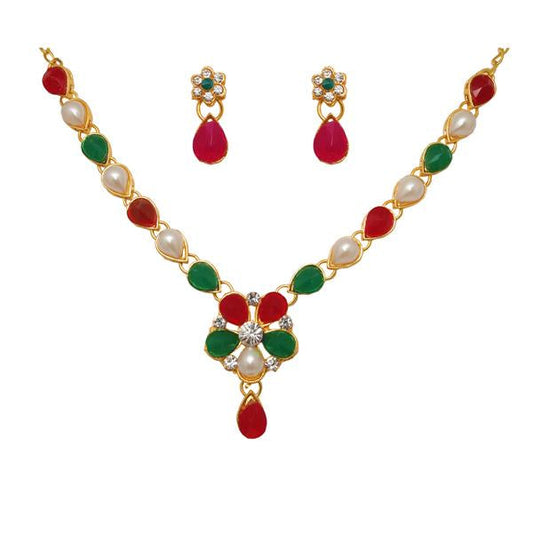 Green Pota Stone Pearl Gold Plated Necklace Set