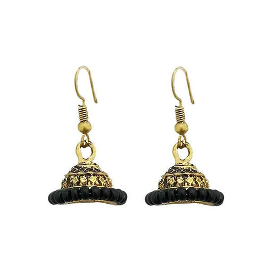 Black Beads Gold Plated Jhumki Earrings