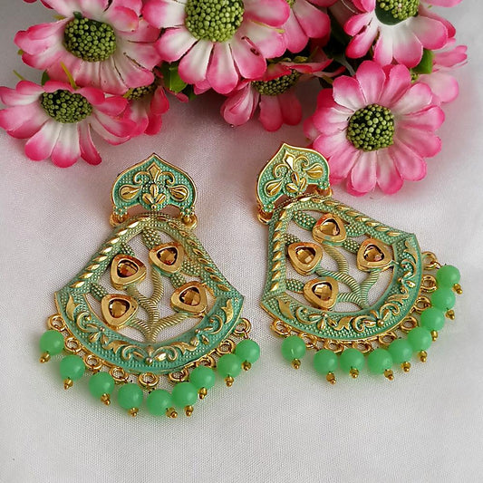 Green Kundan Meenakari Dangler Earrings