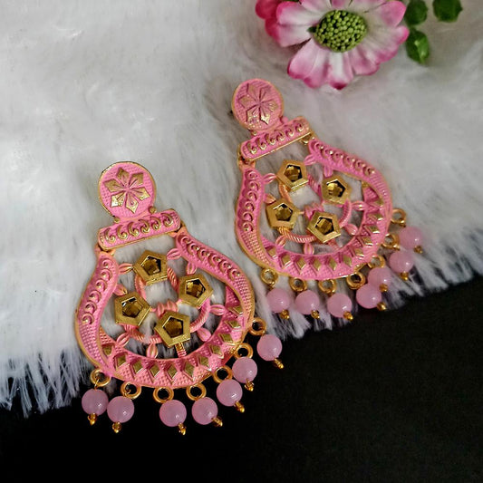 Pink Matte Meenakari Dangler Beads Drop Earrings