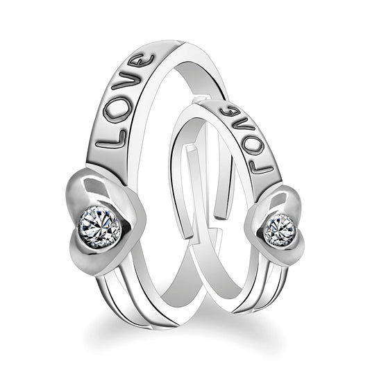 Rhodium Plated Solitaire Couple Ring Set With Crystal Stone