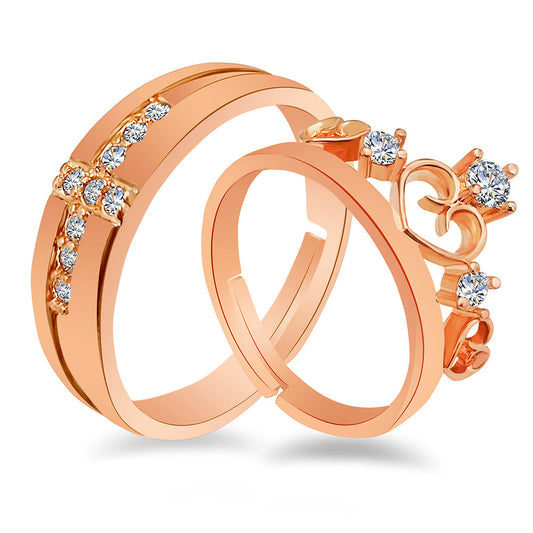 Gold Plated Solitaire Couple Ring Set With Crystal Stone