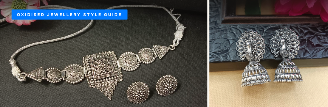 Oxidised jewellery style guide featuring an antique-look necklace set and peacock jhumki earrings