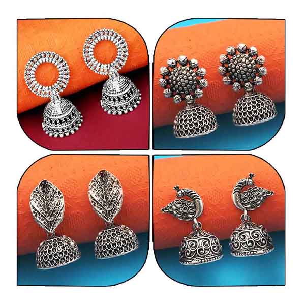 The99Jewel Set of 4 Oxidised Jhumki Earrings Combo