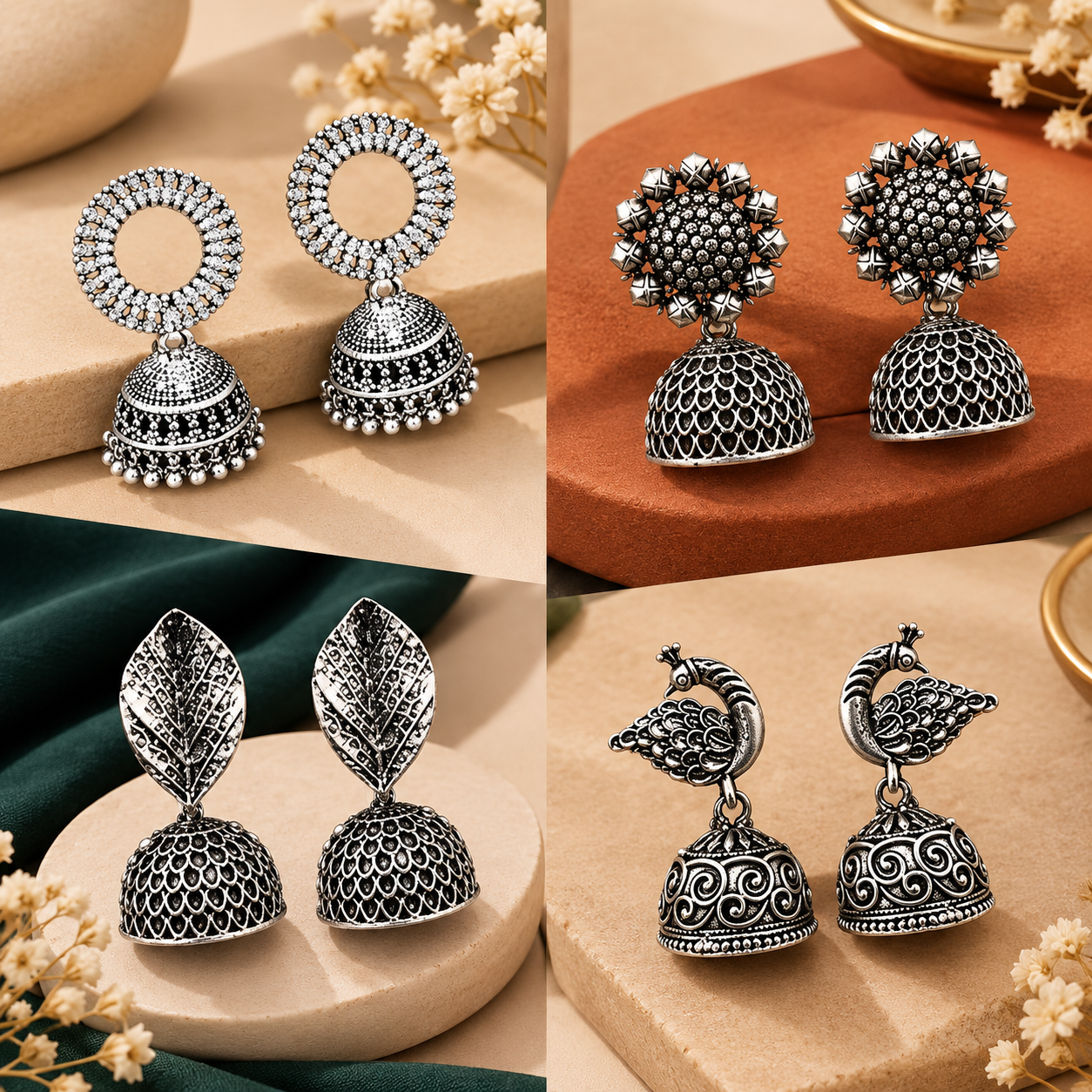The99Jewel Set of 4 Oxidised Jhumki Earrings Combo