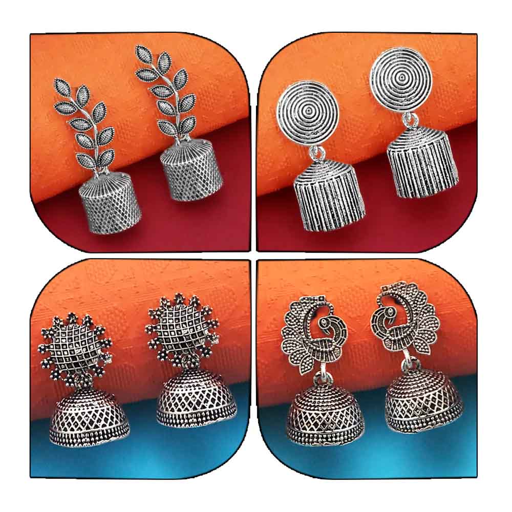 The99Jewel Set of 4 Oxidised Jhumki Earrings Combo