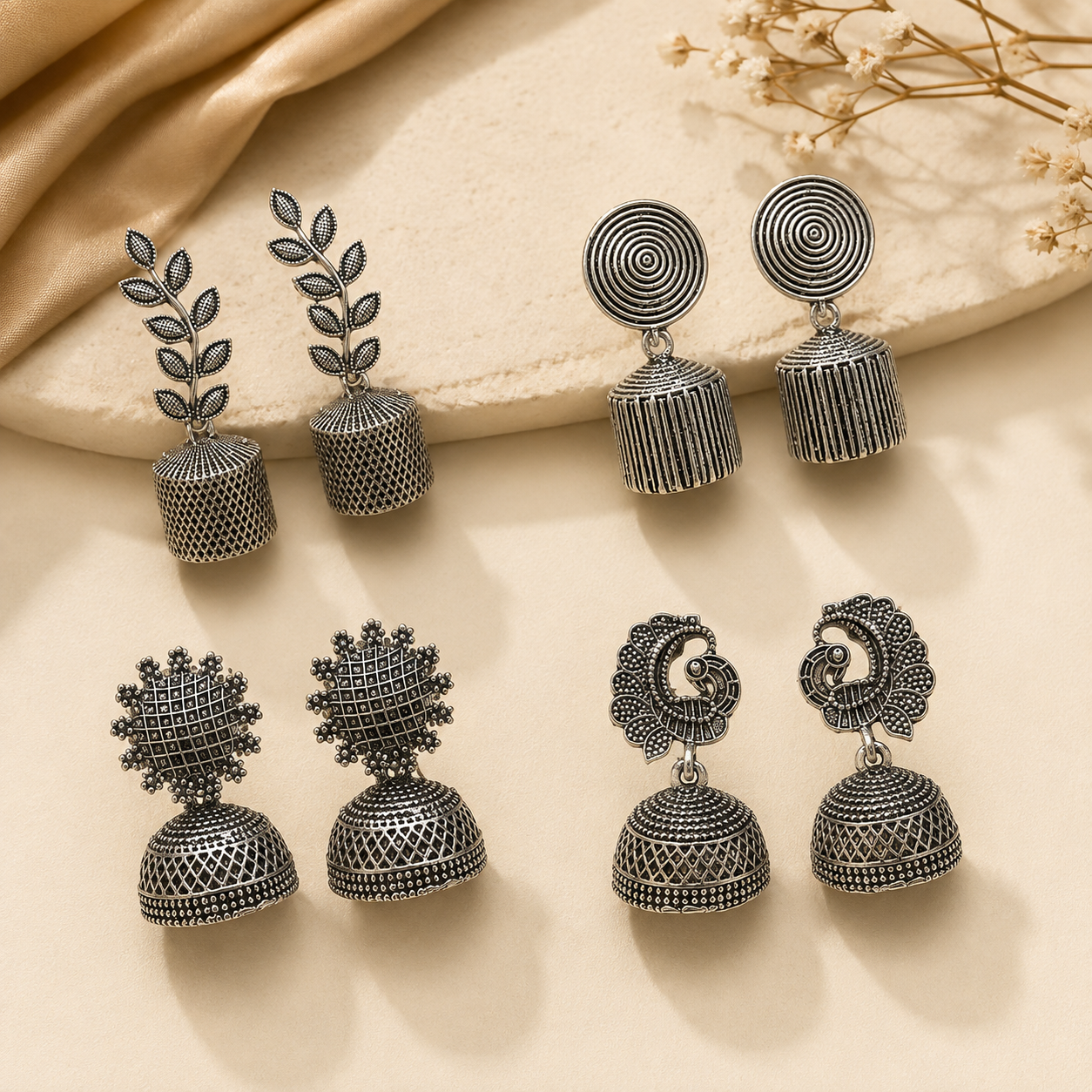 The99Jewel Set of 4 Oxidised Jhumki Earrings Combo