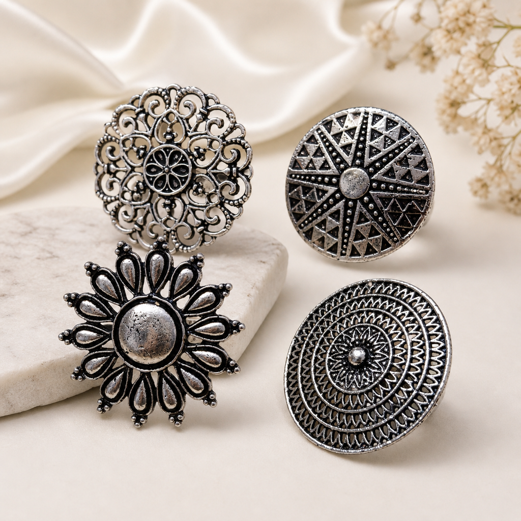 The99Jewel Set Of 4 Adjustable Oxidised Rings Combo