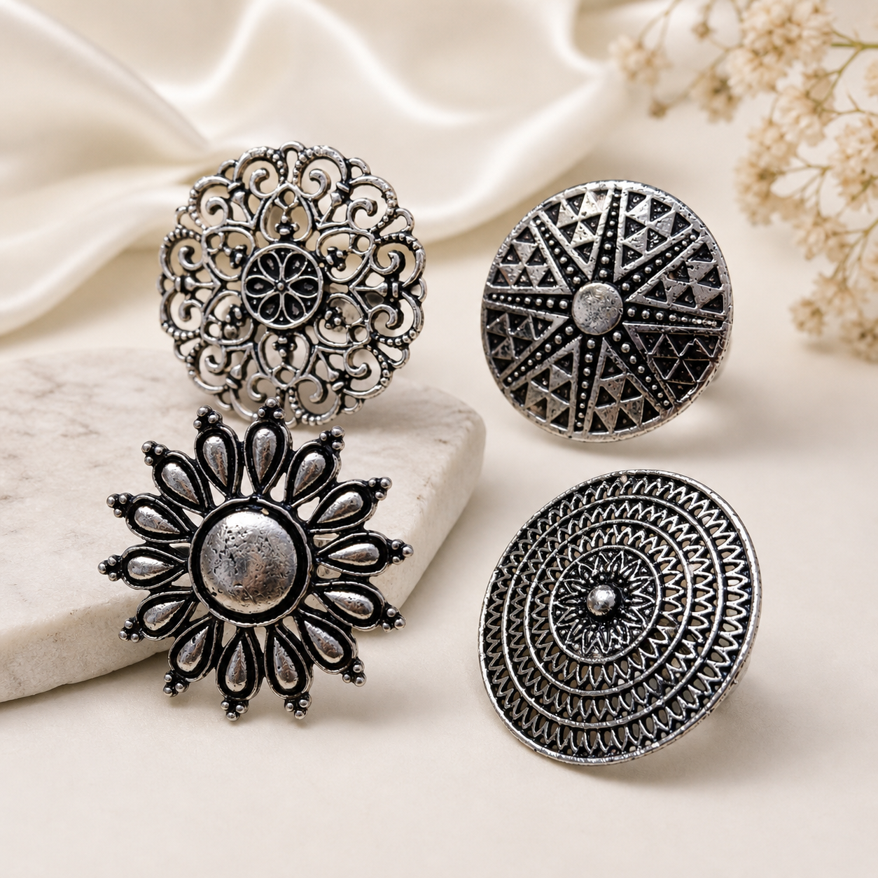 The99Jewel Set Of 4 Adjustable Oxidised Rings Combo