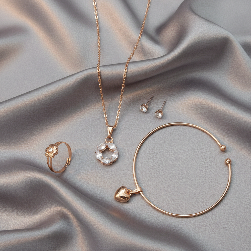 The99Jewel Rose Gold Plated Chain Pendant Earrings Rings And Bracelet Jewellery Combo Set