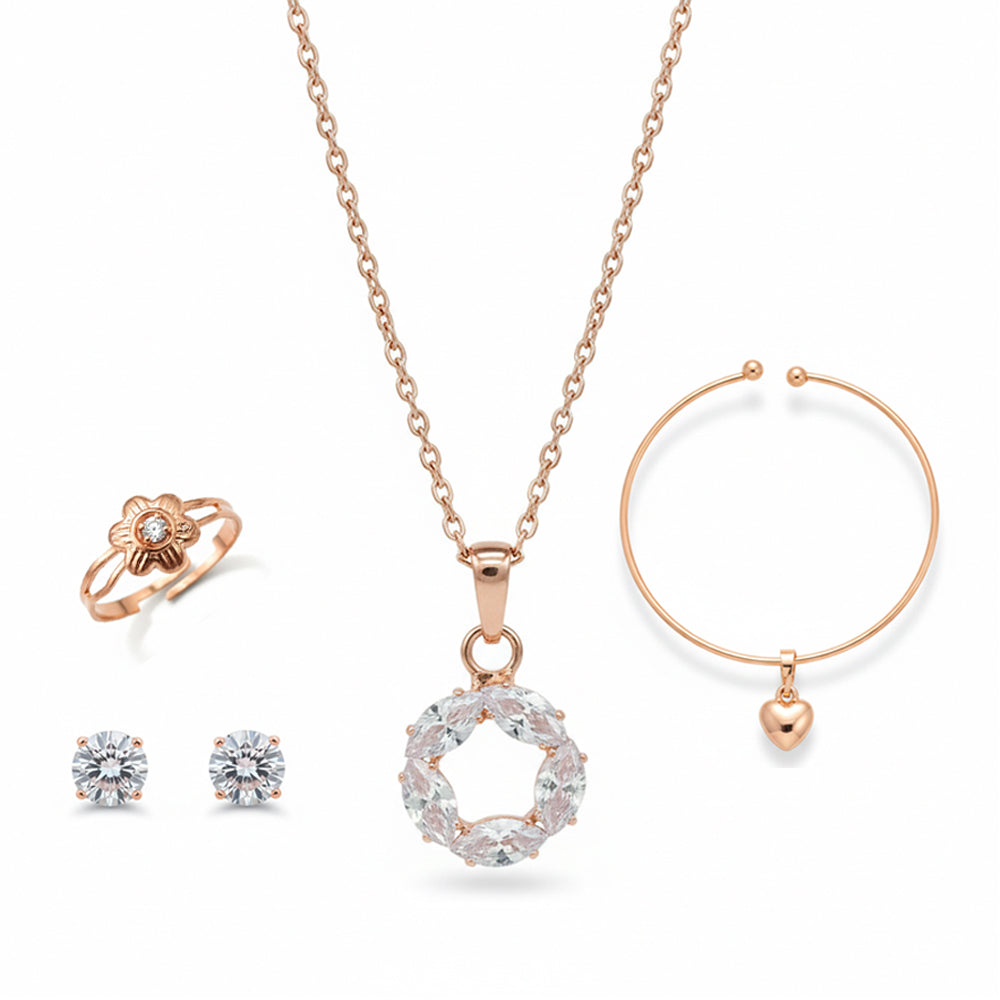 The99Jewel Rose Gold Plated Chain Pendant Earrings Rings And Bracelet Jewellery Combo Set