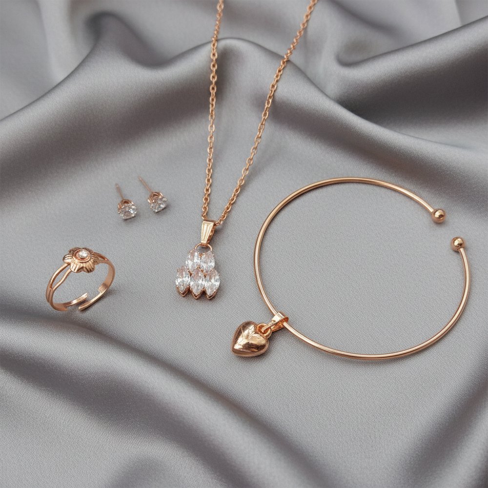 The99Jewel Rose Gold Plated Chain Pendant Earrings Rings And Bracelet Jewellery Combo Set