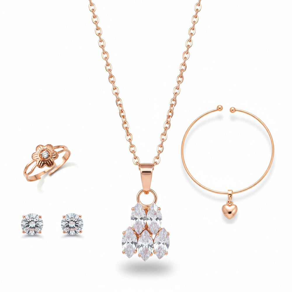The99Jewel Rose Gold Plated Chain Pendant Earrings Rings And Bracelet Jewellery Combo Set