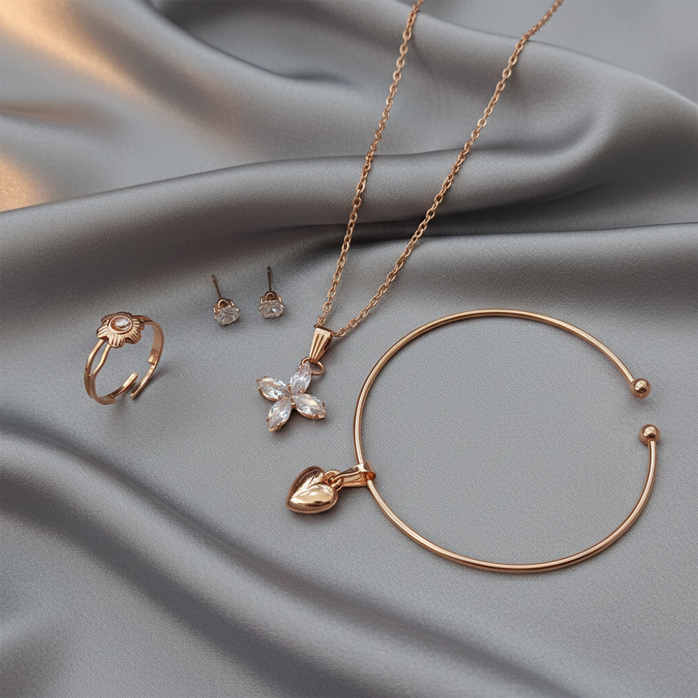 The99Jewel Rose Gold Plated Chain Pendant Earrings Rings And Bracelet Jewellery Combo Set