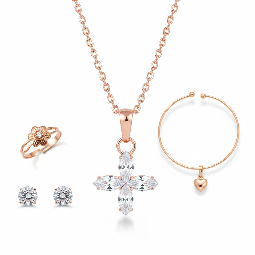 The99Jewel Rose Gold Plated Chain Pendant Earrings Rings And Bracelet Jewellery Combo Set