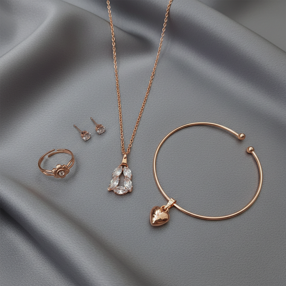 The99Jewel Rose Gold Plated Chain Pendant Earrings Rings And Bracelet Jewellery Combo Set