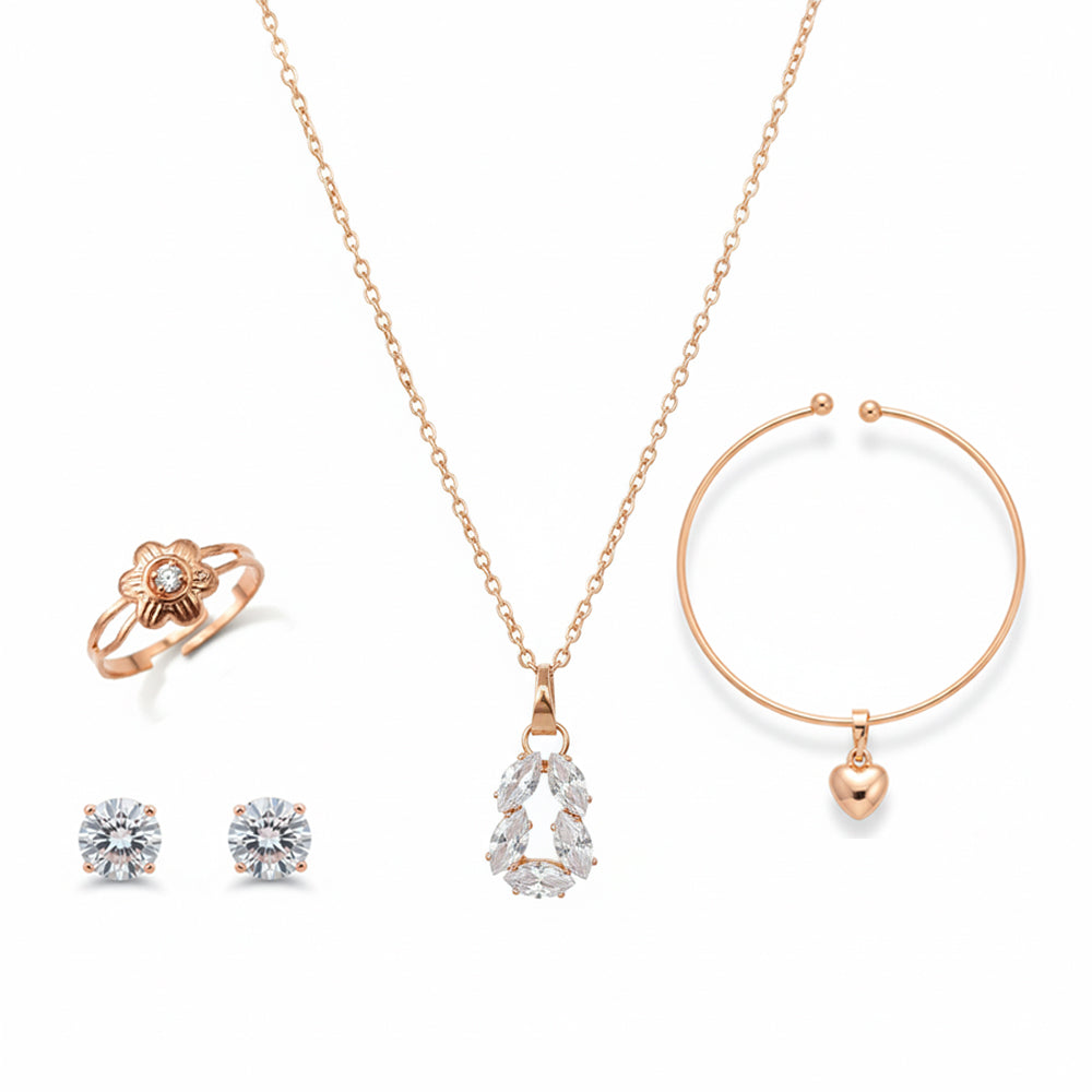 The99Jewel Rose Gold Plated Chain Pendant Earrings Rings And Bracelet Jewellery Combo Set
