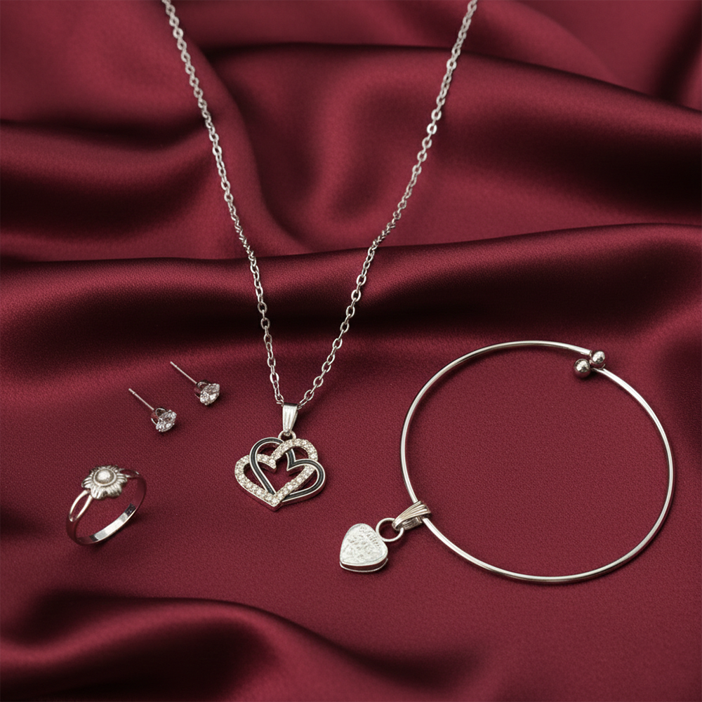 The99Jewel Silver Plated Heart Chain Pendant Earrings Rings And Bracelet Jewellery Combo Set