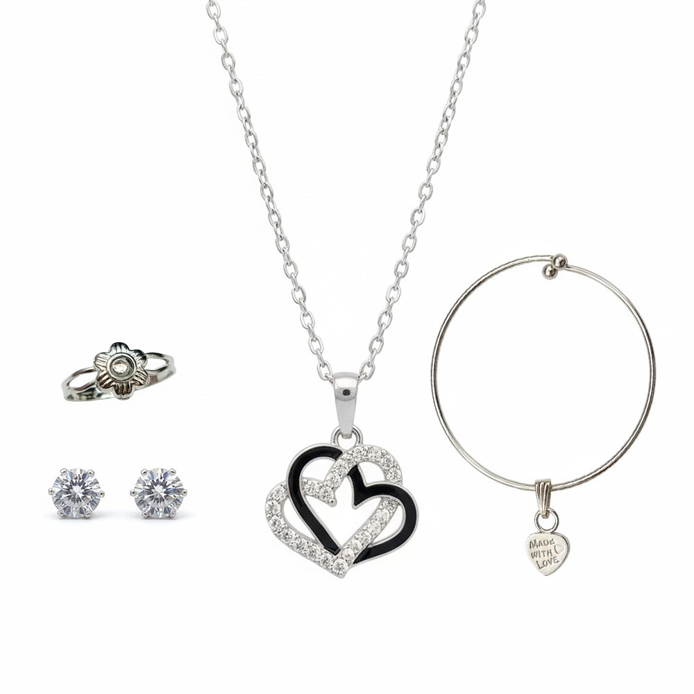 The99Jewel Silver Plated Heart Chain Pendant Earrings Rings And Bracelet Jewellery Combo Set