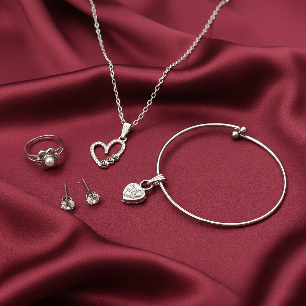 The99Jewel Silver Plated Heart Chain Pendant Earrings Rings And Bracelet Jewellery Combo Set