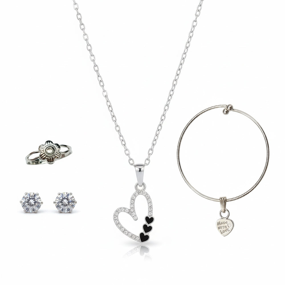The99Jewel Silver Plated Heart Chain Pendant Earrings Rings And Bracelet Jewellery Combo Set