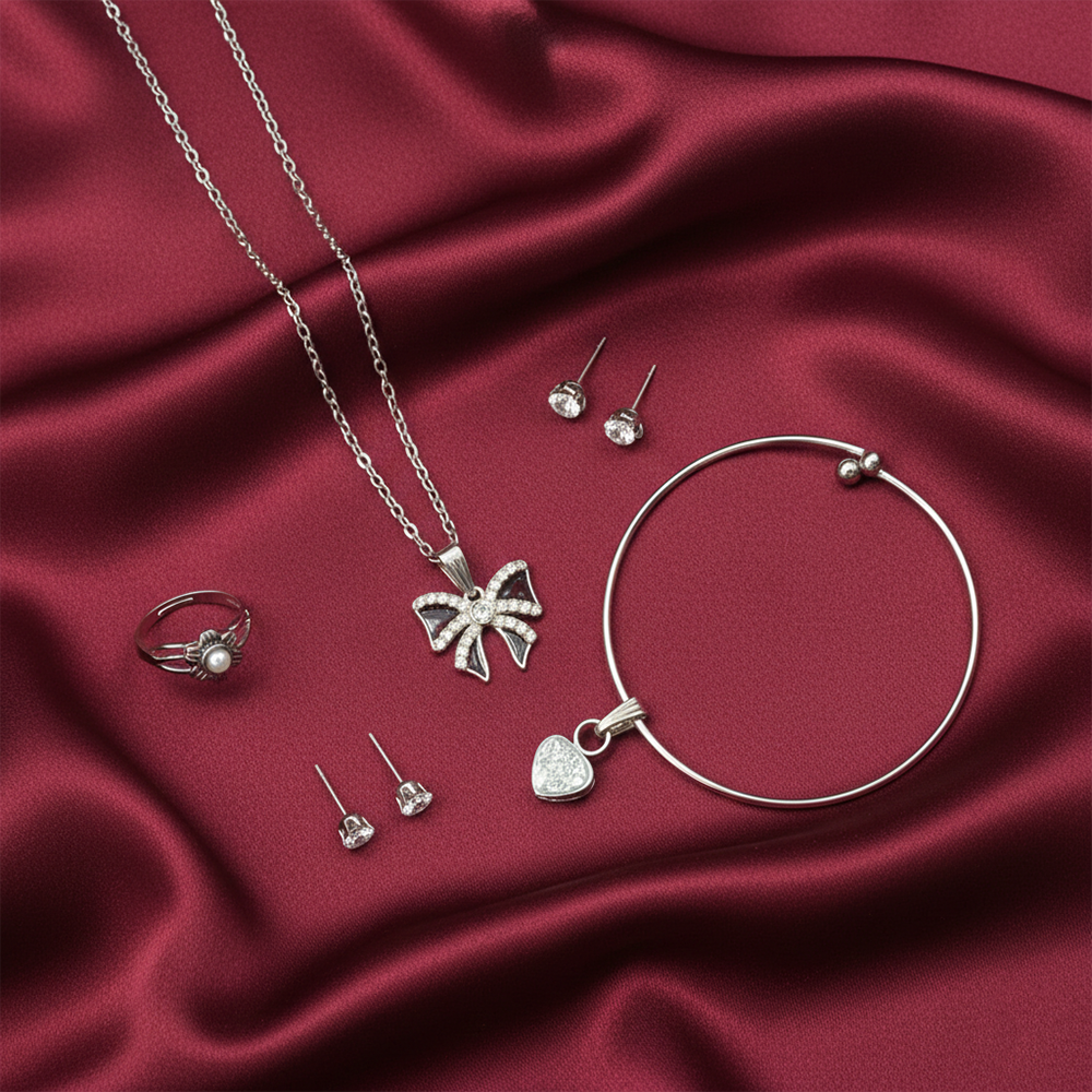 The99Jewel Silver Plated Bow Chain Pendant Earrings Rings And Bracelet Jewellery Combo Set