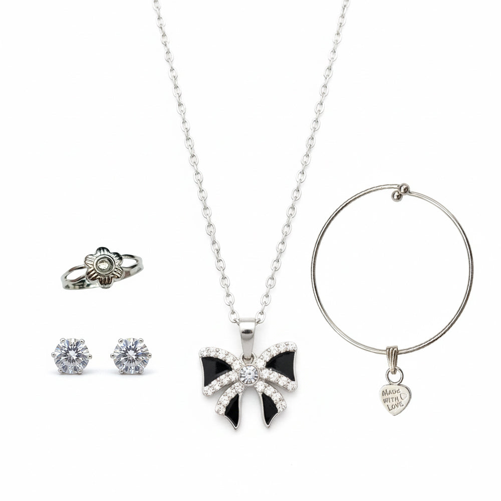 The99Jewel Silver Plated Bow Chain Pendant Earrings Rings And Bracelet Jewellery Combo Set