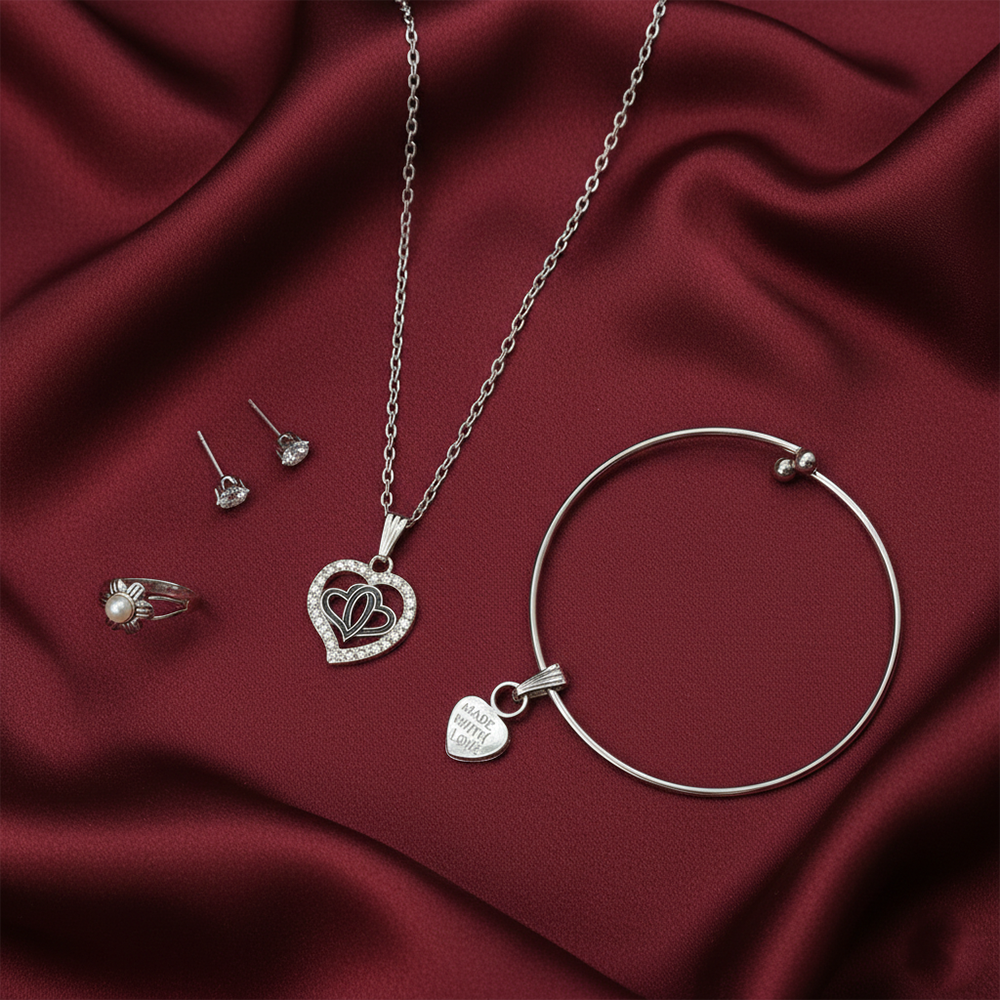 The99Jewel Silver Plated Heart Chain Pendant Earrings Rings And Bracelet Jewellery Combo Set