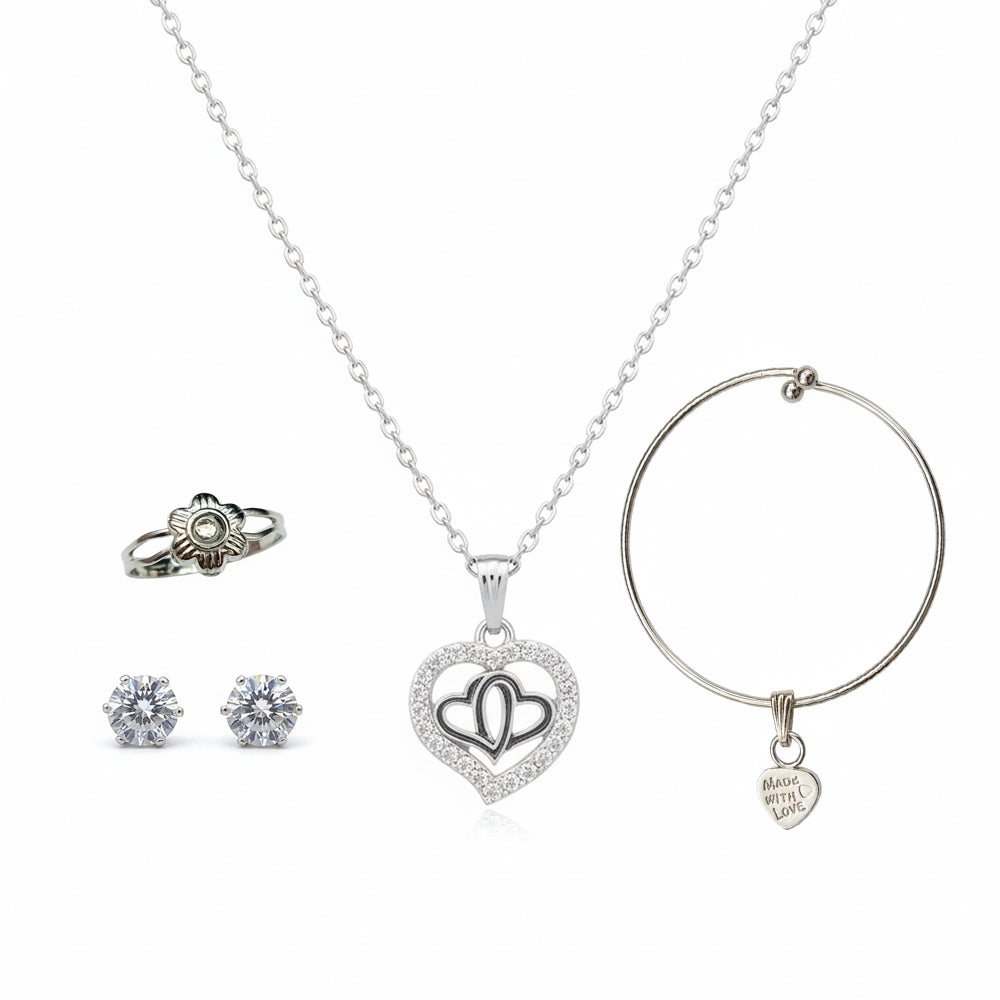 The99Jewel Silver Plated Heart Chain Pendant Earrings Rings And Bracelet Jewellery Combo Set
