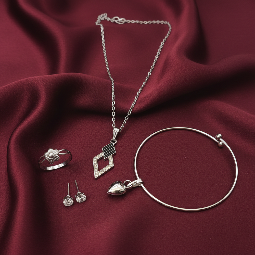 The99Jewel Silver Plated Chain Pendant Earrings Rings And Bracelet Jewellery Combo Set