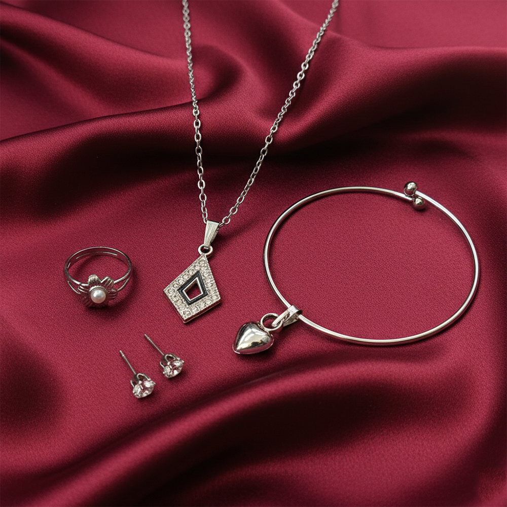 The99Jewel Silver Plated Chain Pendant Earrings Rings And Bracelet Jewellery Combo Set