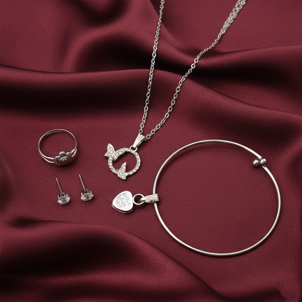 The99Jewel Silver Plated Butterfly Chain Pendant Earrings Rings And Bracelet Jewellery Combo Set