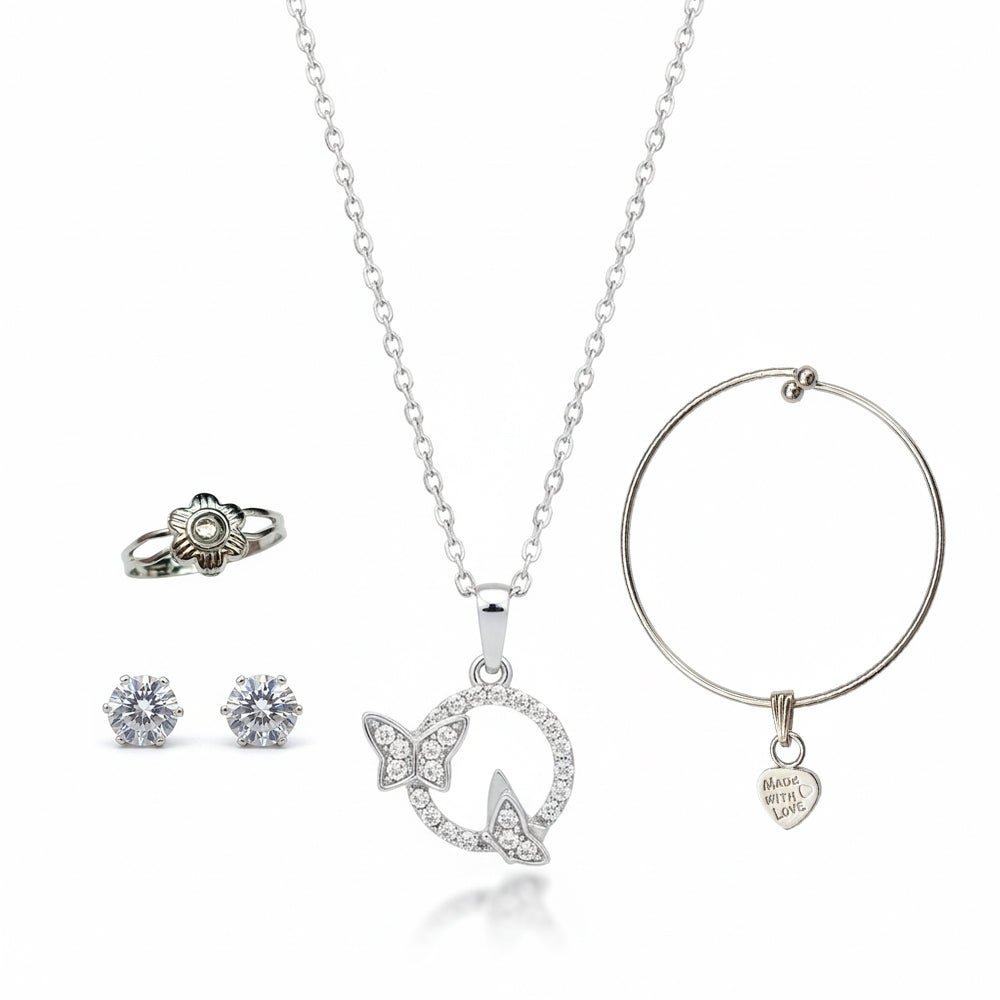 The99Jewel Silver Plated Butterfly Chain Pendant Earrings Rings And Bracelet Jewellery Combo Set