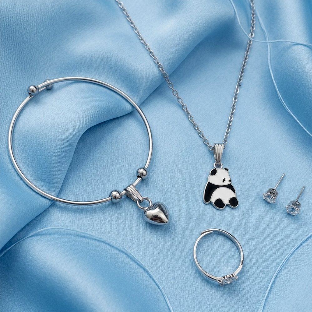 The99Jewel Silver Plated Chain Pendant Earrings Rings And Bracelet Jewellery Combo Set