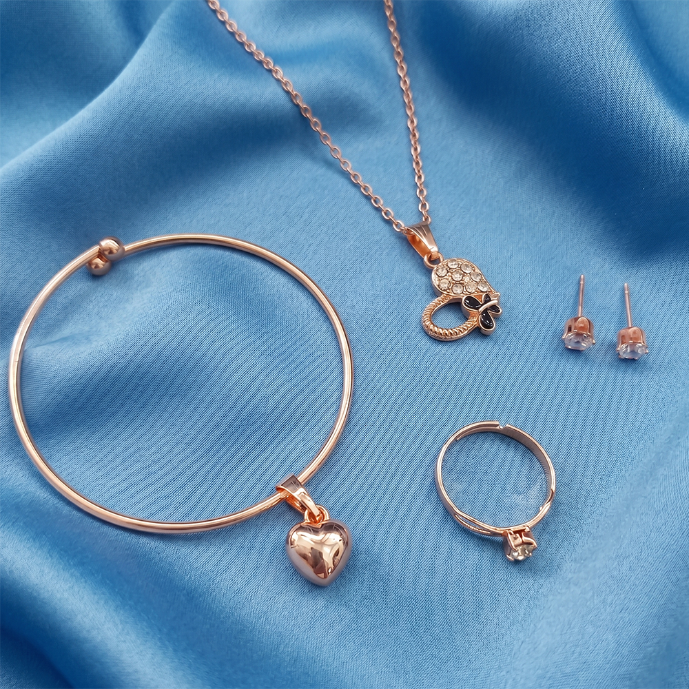 The99Jewel Rose Gold Plated Chain Pendant Earrings Rings And Bracelet Jewellery Combo Set