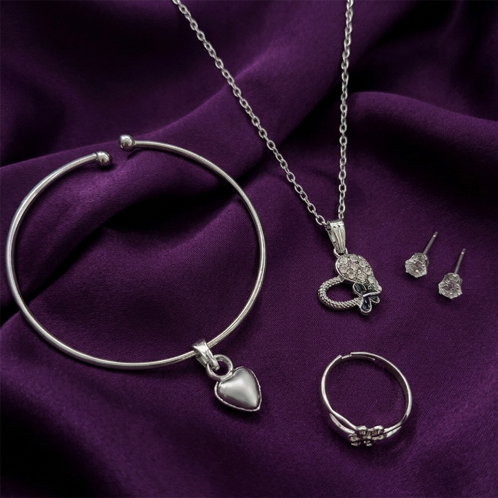 The99Jewel Silver Plated Chain Pendant Earrings Rings And Bracelet Jewellery Combo Set