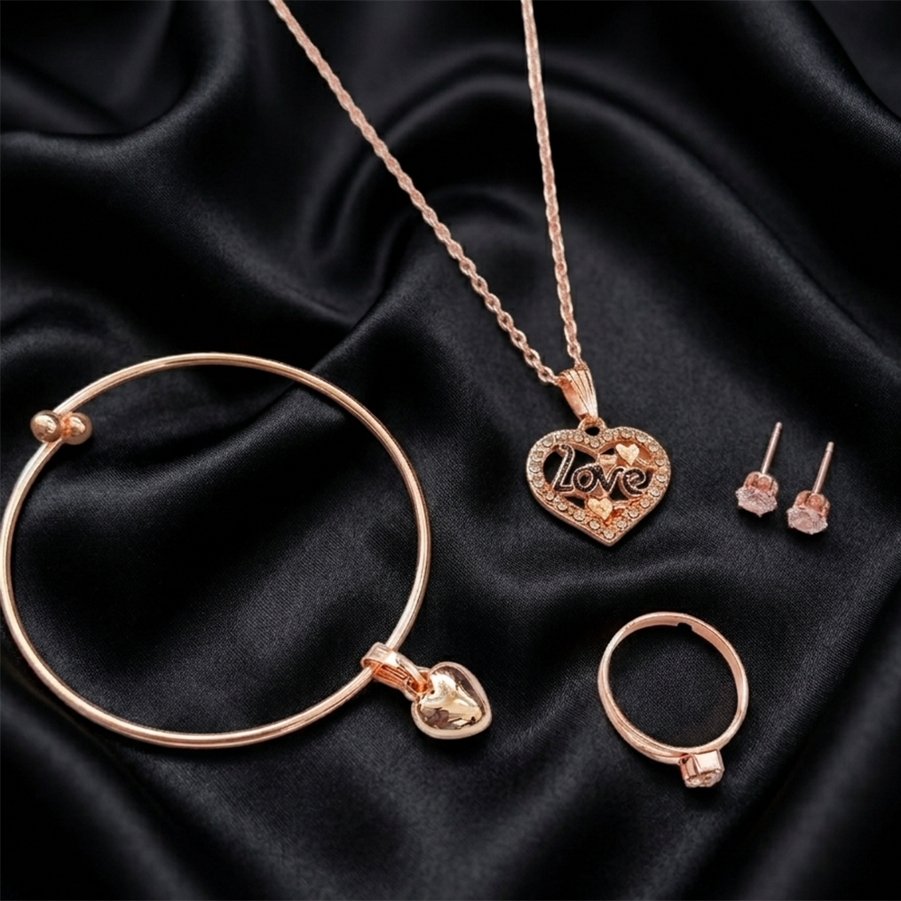 The99Jewel Rose Gold Plated Chain Pendant Earrings Rings And Bracelet Jewellery Combo Set
