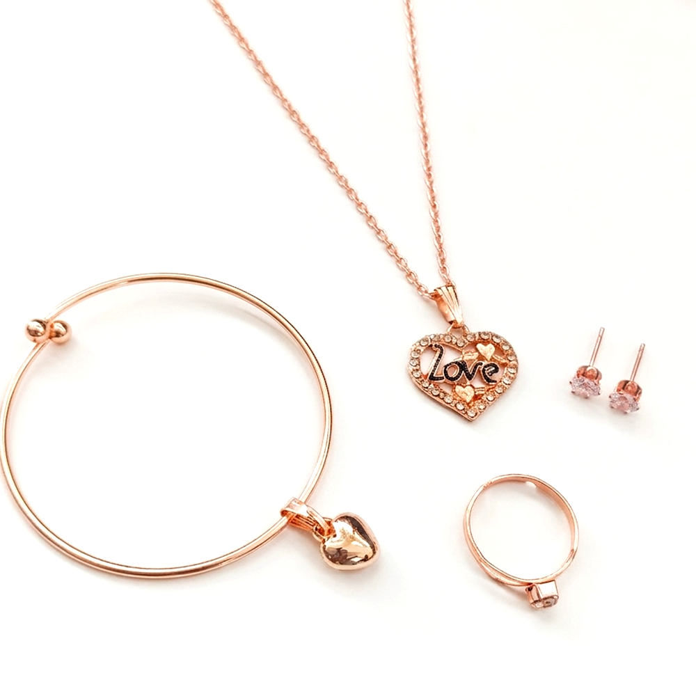 The99Jewel Rose Gold Plated Chain Pendant Earrings Rings And Bracelet Jewellery Combo Set