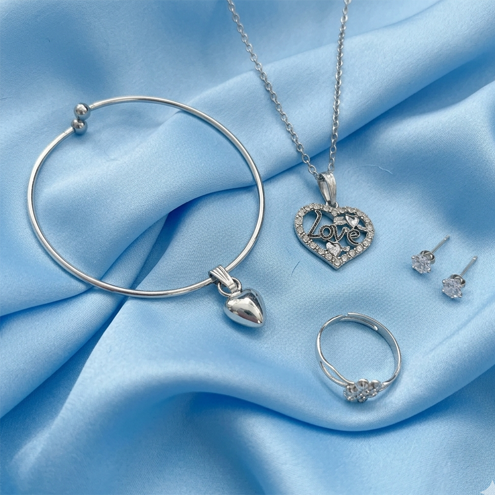 The99Jewel Silver Plated Chain Pendant Earrings Rings And Bracelet Jewellery Combo Set