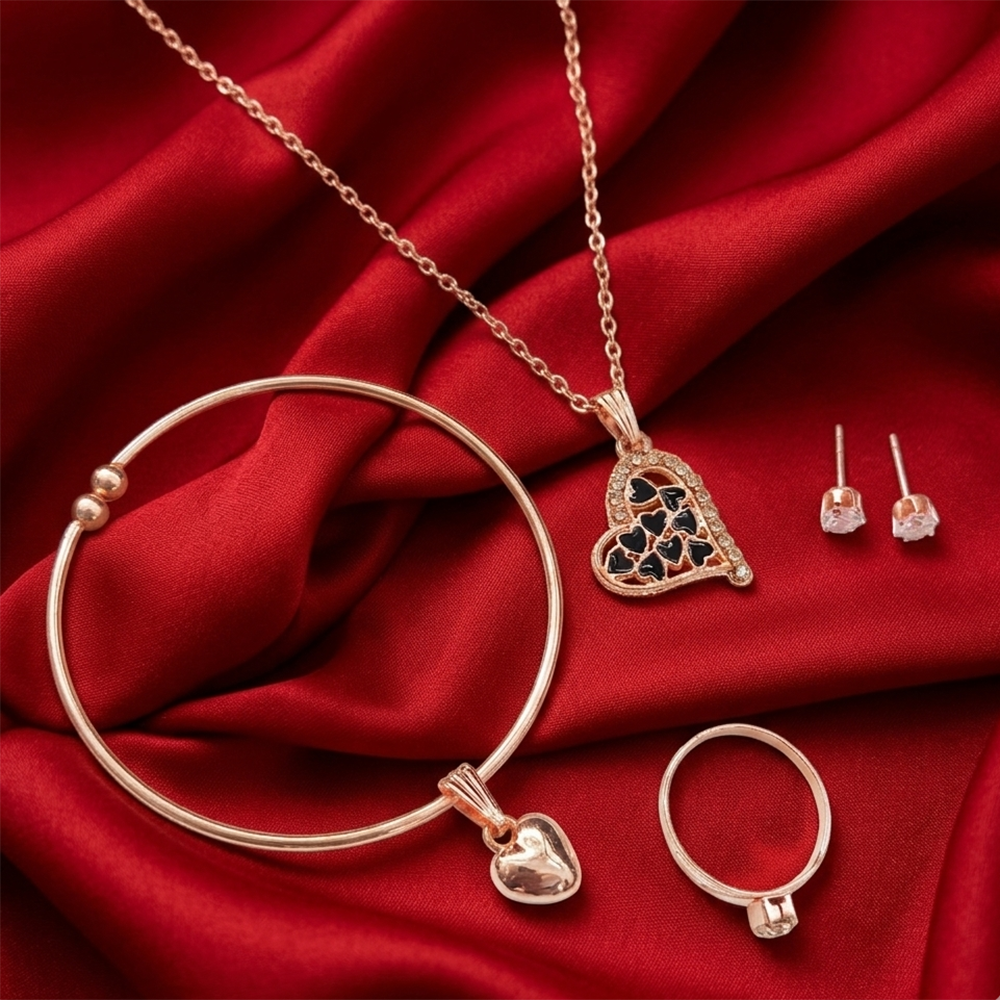 The99Jewel Rose Gold Plated Chain Pendant Earrings Rings And Bracelet Jewellery Combo Set