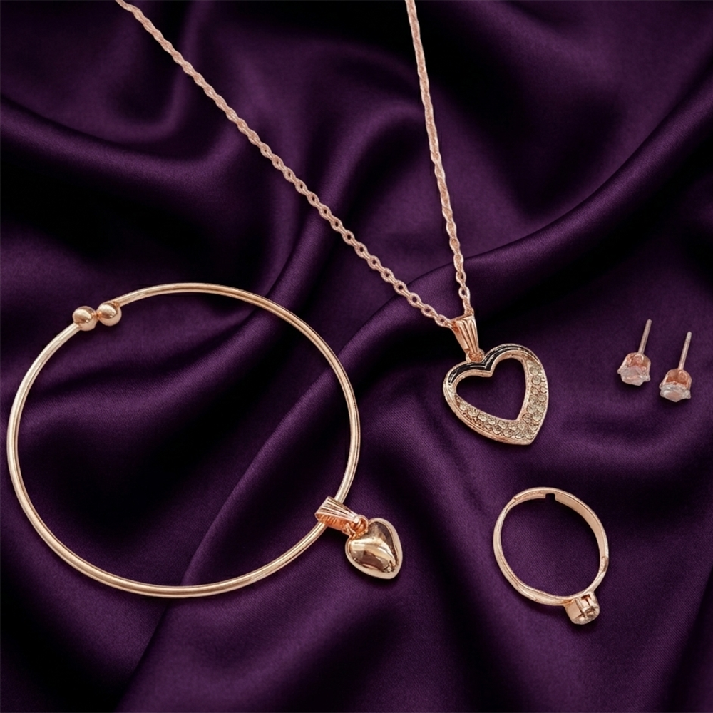 The99Jewel Rose Gold Plated Chain Pendant Earrings Rings And Bracelet Jewellery Combo Set