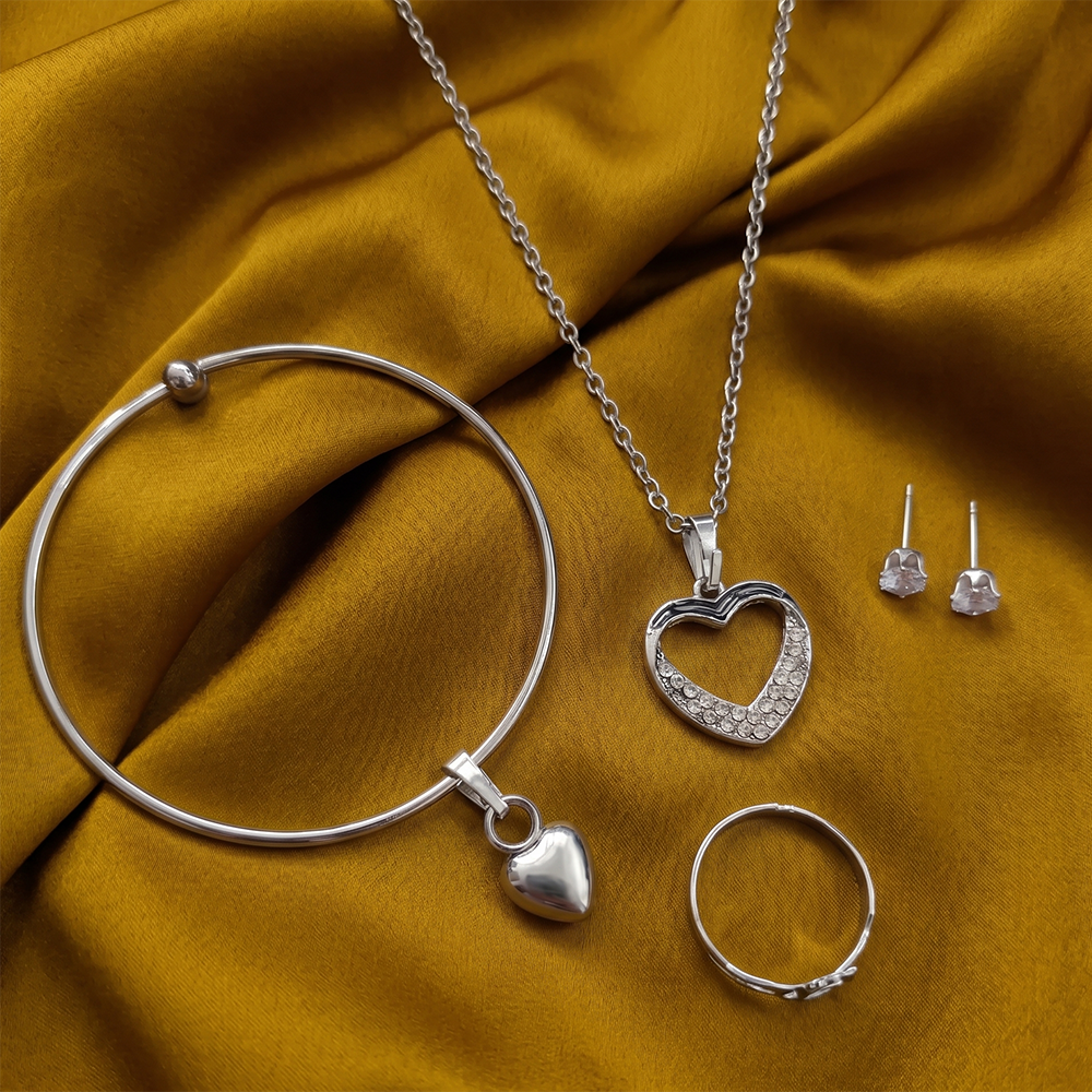 The99Jewel Silver Plated Chain Pendant Earrings Rings And Bracelet Jewellery Combo Set