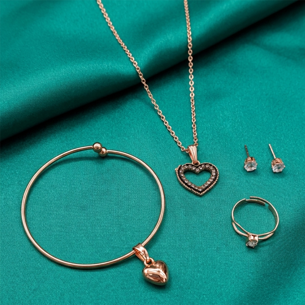 The99Jewel Rose Gold Plated Chain Pendant Earrings Rings And Bracelet Jewellery Combo Set