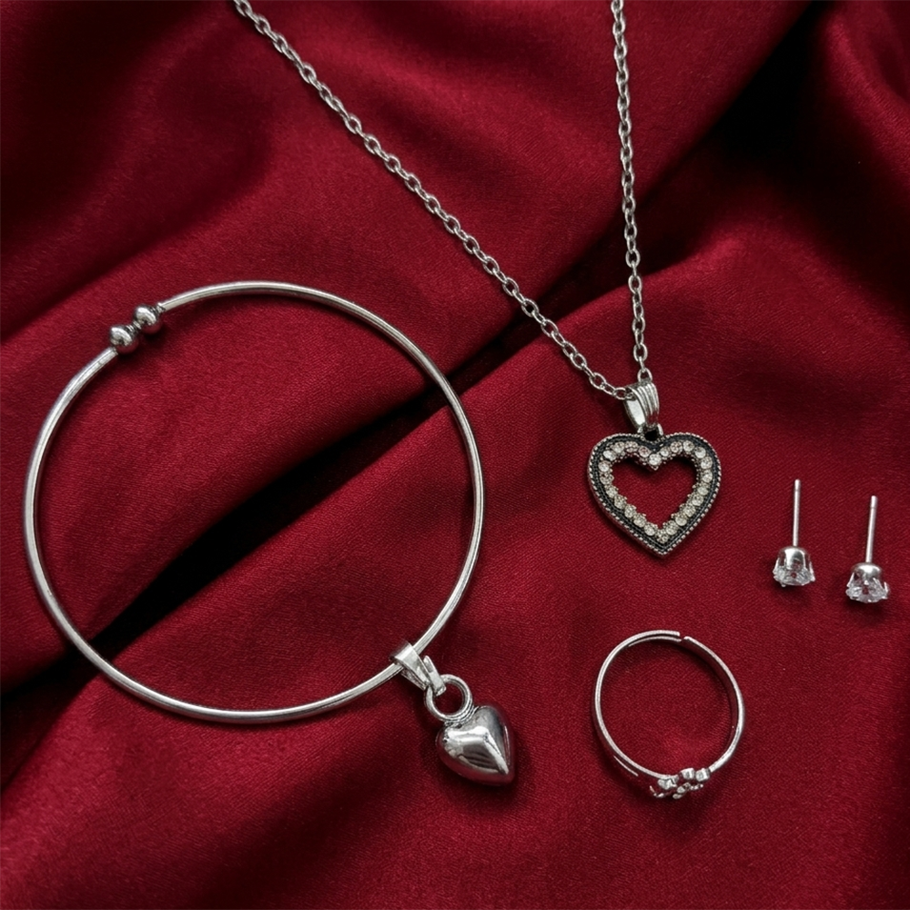 The99Jewel Silver Plated Chain Pendant Earrings Rings And Bracelet Jewellery Combo Set