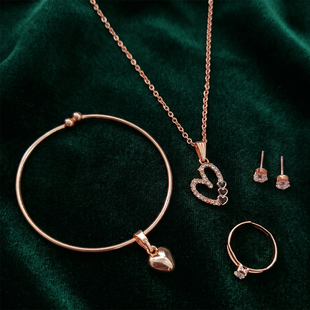 The99Jewel Rose Gold Plated Chain Pendant Earrings Rings And Bracelet Jewellery Combo Set