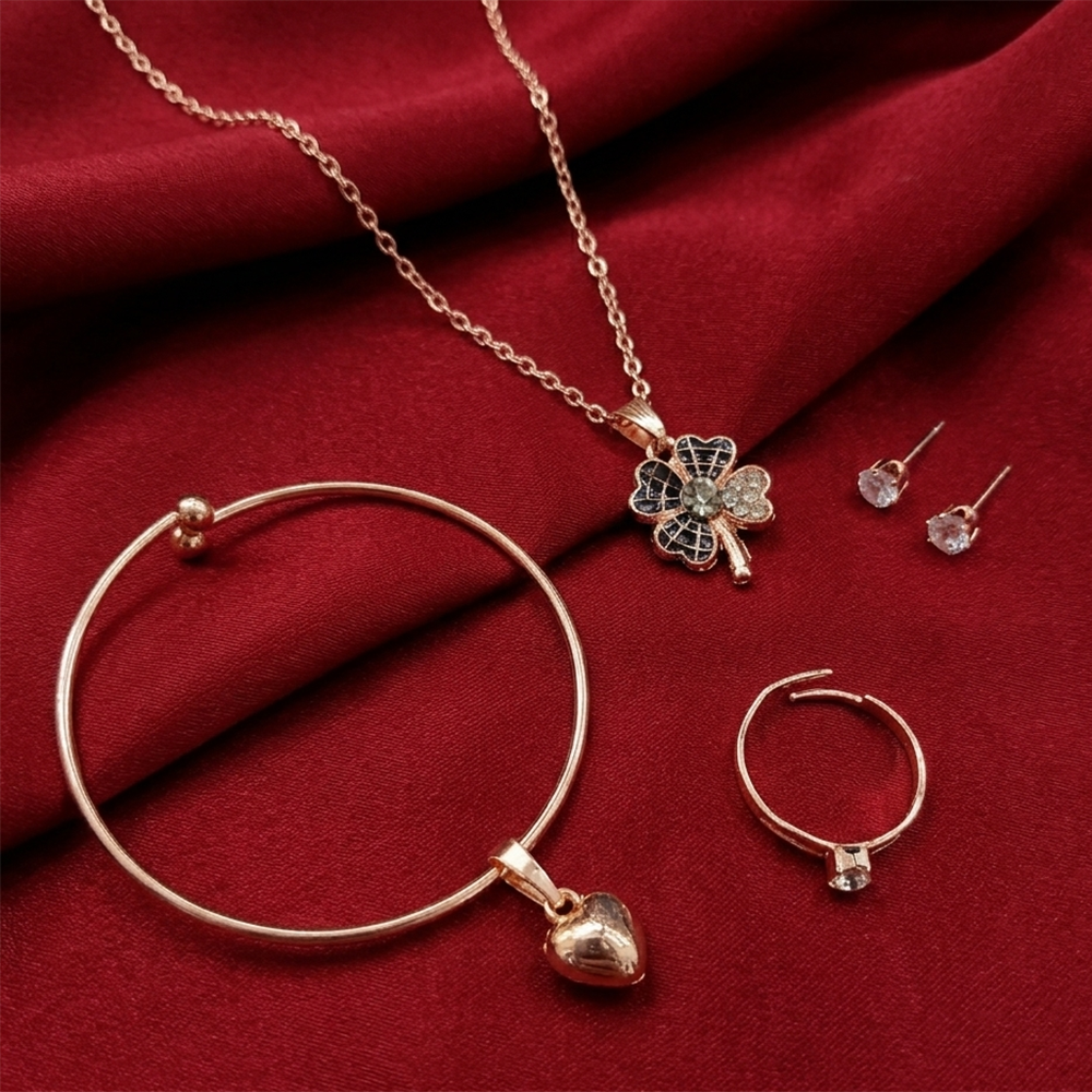 The99Jewel Rose Gold Plated Chain Pendant Earrings Rings And Bracelet Jewellery Combo Set