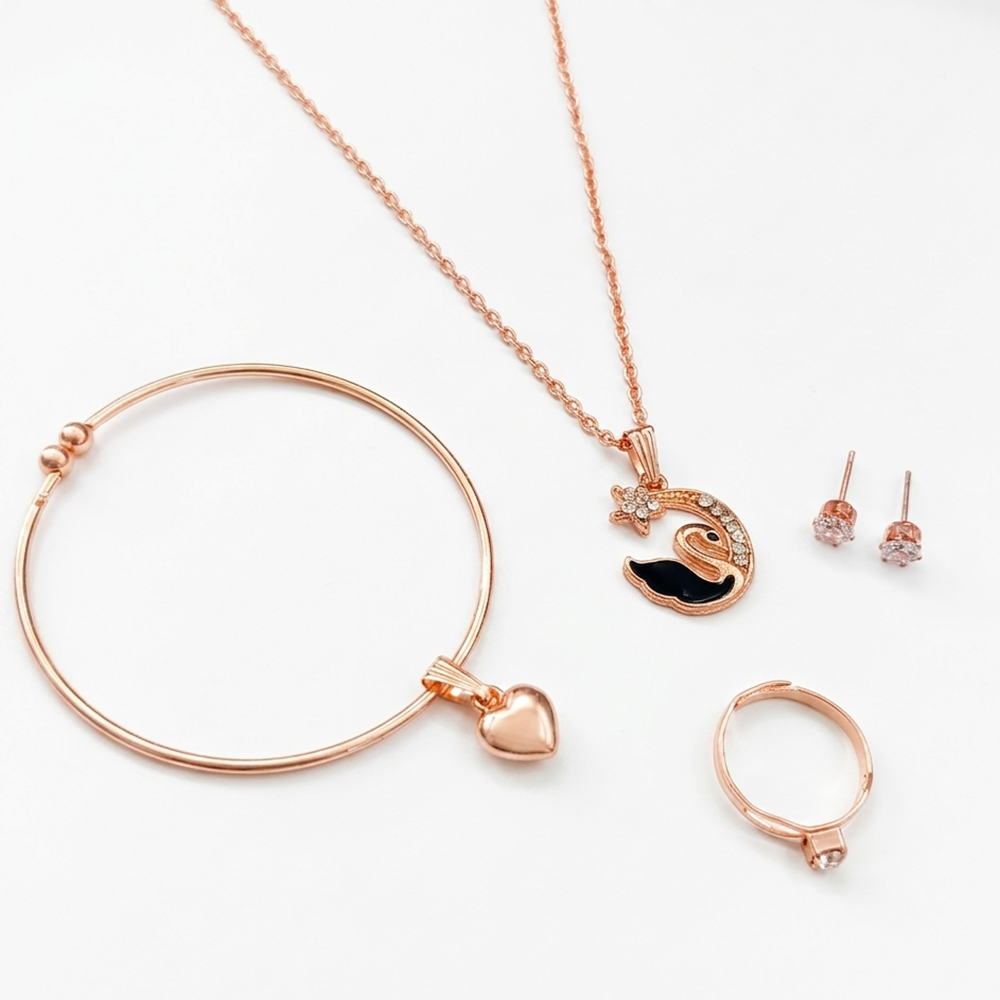 The99Jewel Rose Gold Plated Chain Pendant Earrings Rings And Bracelet Jewellery Combo Set