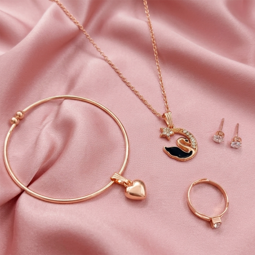 The99Jewel Rose Gold Plated Chain Pendant Earrings Rings And Bracelet Jewellery Combo Set