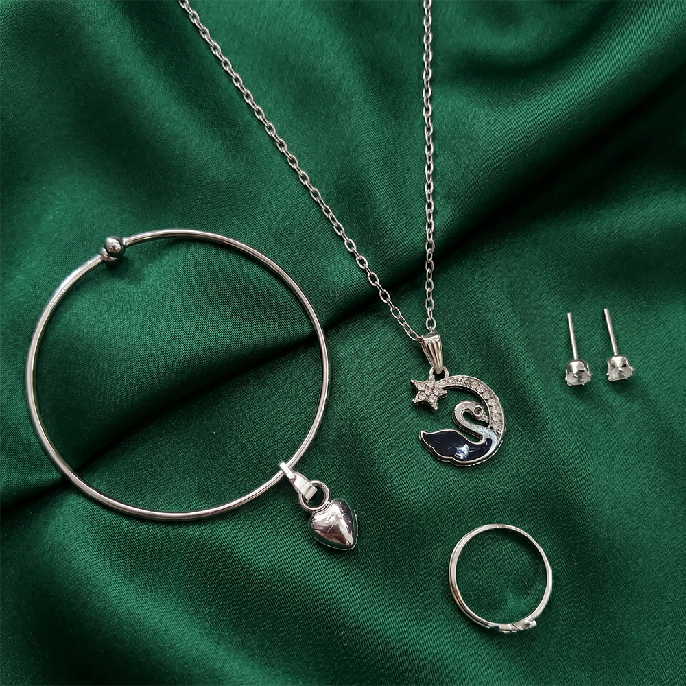 The99Jewel Silver Plated Chain Pendant Earrings Rings And Bracelet Jewellery Combo Set