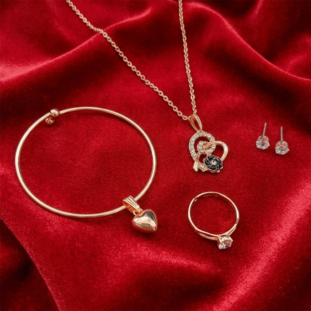 The99Jewel Rose Gold Plated Chain Pendant Earrings Rings And Bracelet Jewellery Combo Set